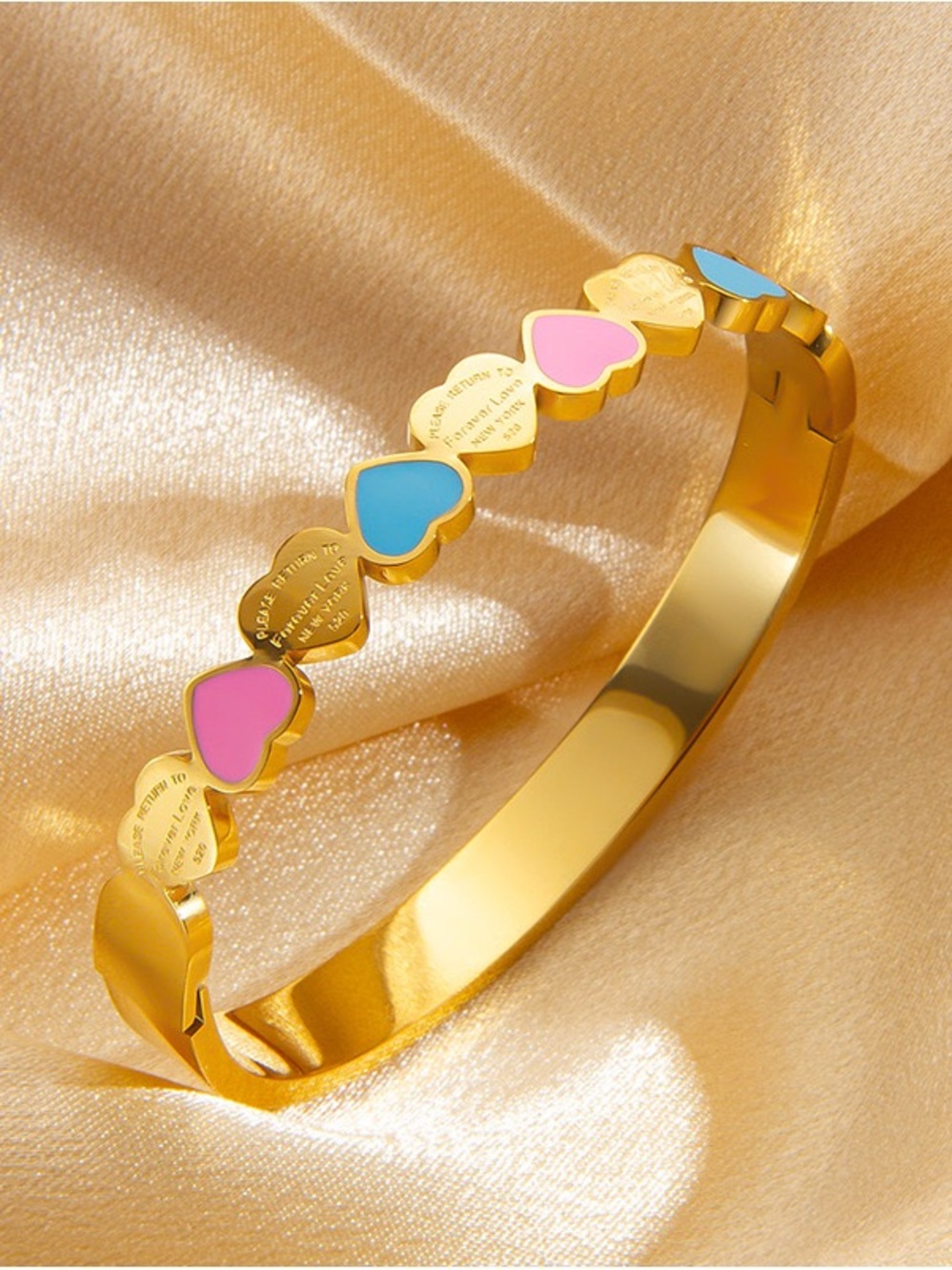 Stainless Steel Gold Heart Enamel Bangle Bracelet with Pink & Blue Hearts